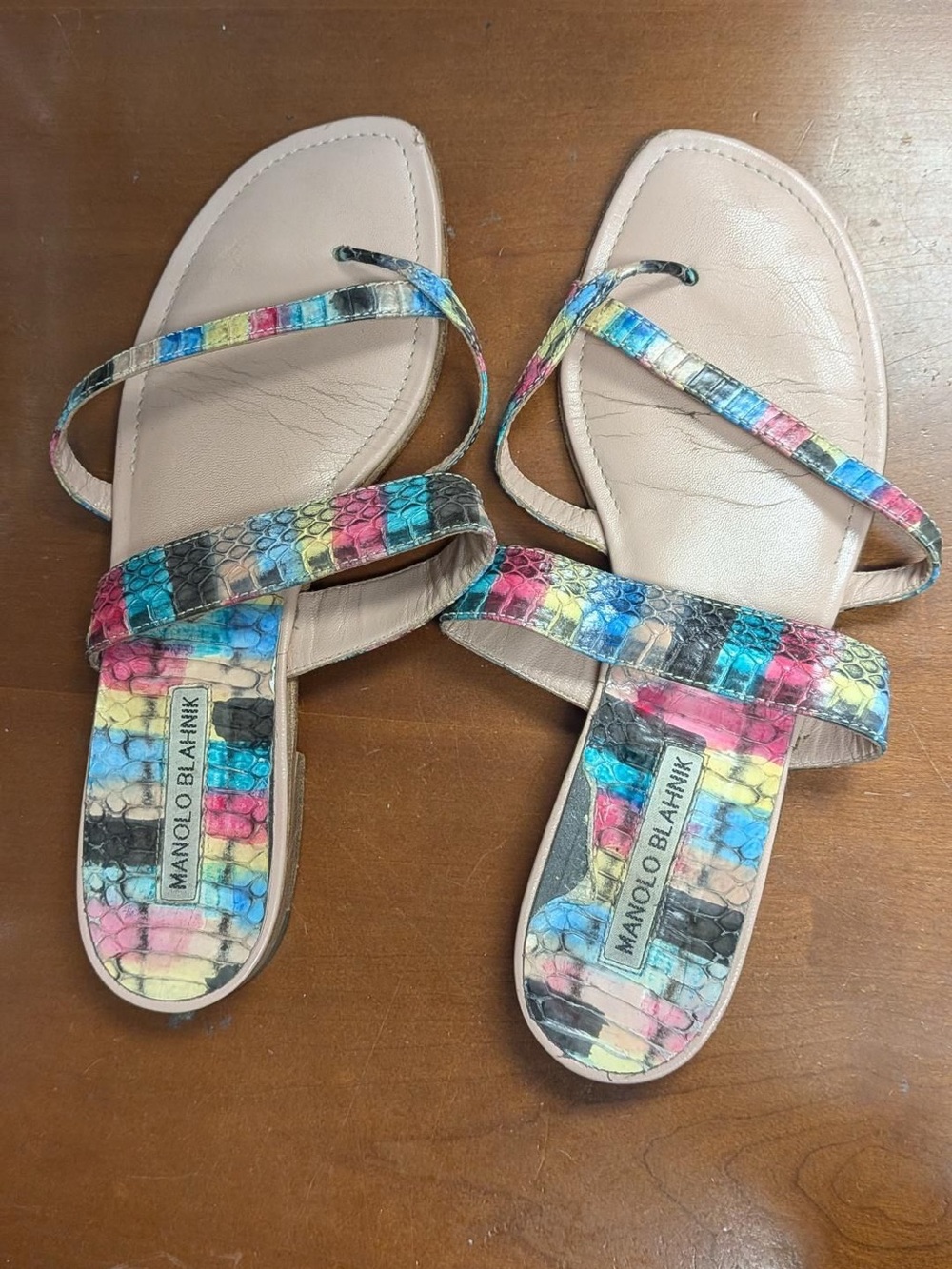 Manolo Blahnik Multicolor Snake-Print Strappy Sandals with Beige Footbed